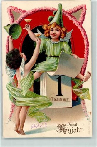 1902 Engel Elfen Kalender Sekt AK