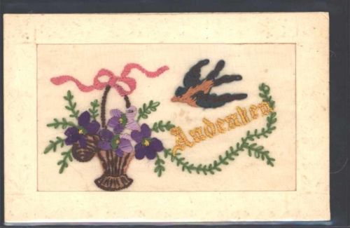 Seidenstickerei Blumen !Andenken" Schwalbe Passepartout AK