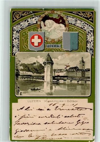 Luzern 1901 Wasserturm Gütsch Löwendenkmal Lithographie/Prägedruck