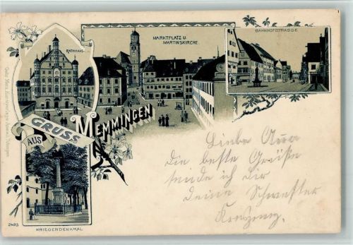 Memmingen 1899 Rahthaus Marktplatz Martinskirche Bahnhofstrasse Kriegerdenkmal 4-Bildaufnahme