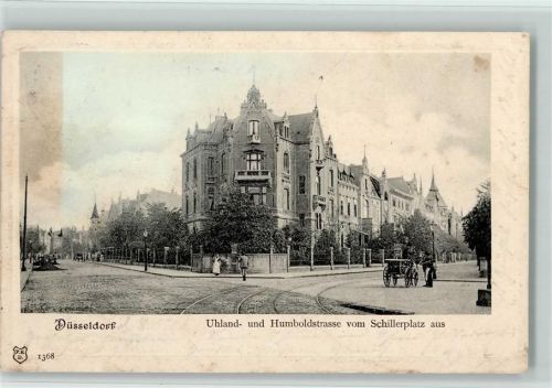 Düsseldorf 1902 Uhland- und Humboldstraße vom Schillerplatz aus Prägedruck