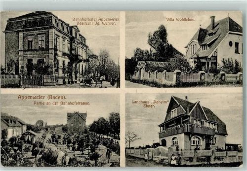 Appenweier 1915 Bahnhofhotel Bes. Jg. Werner Villa Wohlleben Partie an der Bahnhofstraße Landhaus Daheim Ebner
