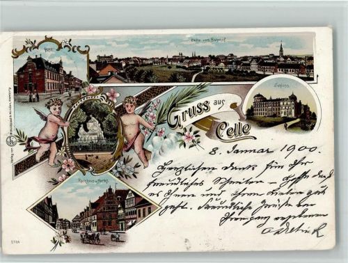 Celle 1900 Post Panorama vom Bahnhof Rathaus Markt Schloss Engel Blumen Palmwedel