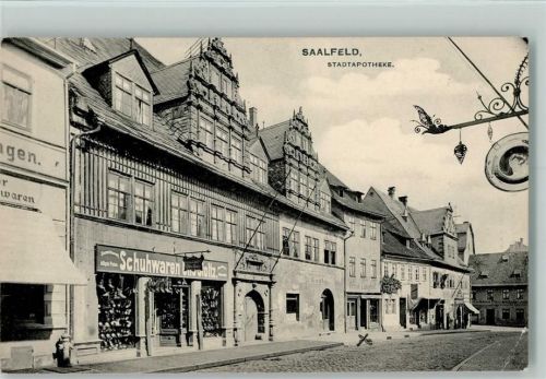 Saalfeld 1906 Verlag Zwdler & Vogel Nr. 7327 - Apotheke, , Schuhwaren Stoltz, Eckknick