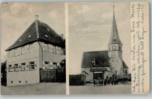 Göbrichen 1930 Parrhaus, Kirche , viele Kinder AK