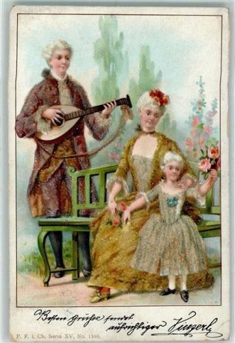 1900 AK mit Glasperlenauflage Rokoko Familie