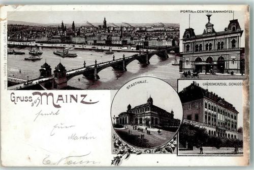 Mainz 1898 Stadthalle Portal des Zentralbahnhofes Grossherzogl. Schloss Lithographie