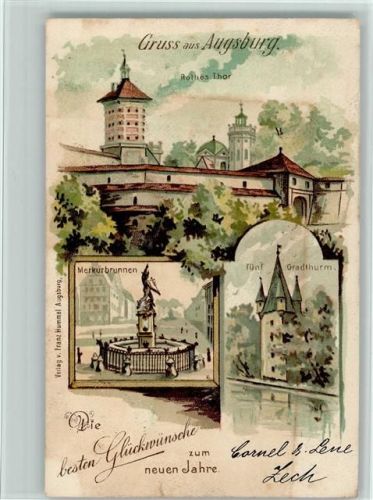 Augsburg 1899 Rothes Tor Merkurbrunnen Fünf Gradturm