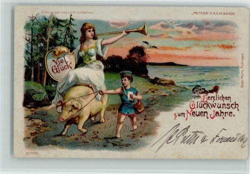 1899 Neujahe Schwein Briefträger Lithographie AK