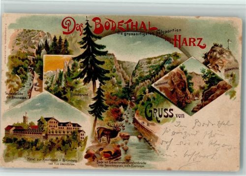 Thale 1899 Bodethal Teufelsbrücke mit Rosstrappe Hotel zur Rosstrappe mit Winzenburg Kronentempel Jungfernbrücke Hexentanzplatz Bodekesel Bülowshöhe