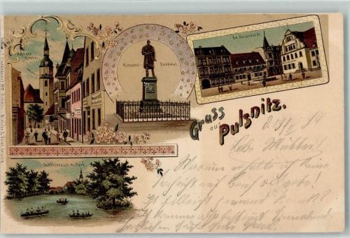 Pulsnitz 1899 Nach der Kirche Rietschel-Denkmal Schlossteich Ruderboote Am Hauptmarkt Lithographie