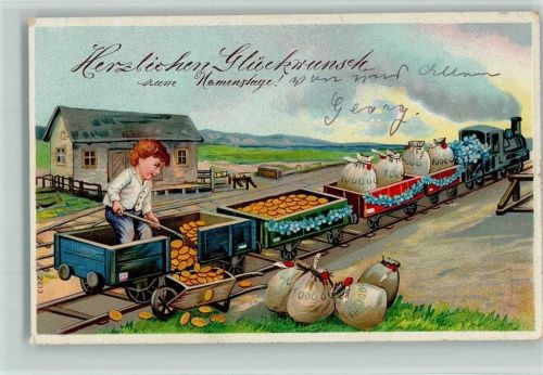 1913 Namenstag - beladen mit Geldsäcken, Kind schaufelt Geld in eine Schubkarre AK