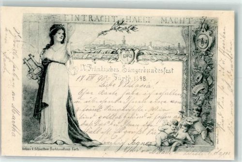 Fürth 1898 9. Fränkisches Sängerbundesfest 1898 Zither Engel Sonderstempel