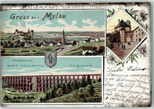 08499 O9803 Mylau 1900 Gebrauchsspuren Göltzthalbrücke Viadukt Schloßhof Lithographie