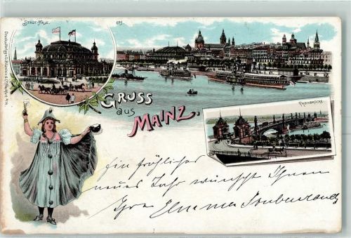 Mainz 1897 Stadt-Halle Rheinbrücke Frau Sektglas Maske