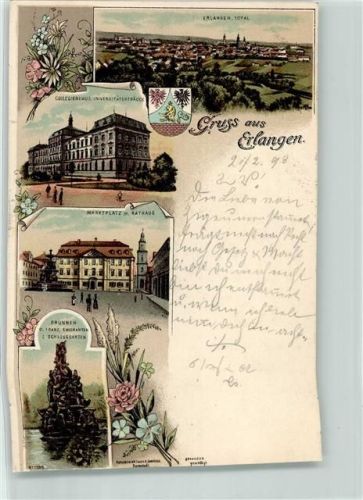 Erlangen 1898 Collegienhaus Universität Marktplatz Rathaus Brunne Lithographie