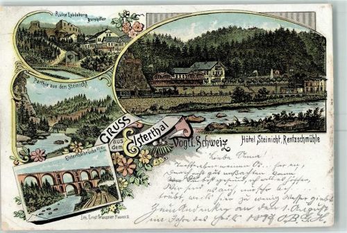 Esterthal 1897 Ruine Lobdaburg Burgkeller Partie aus dem Steinicht Elsterthalbrücke Hotel Steinicht Rentzschmühle Lithographie