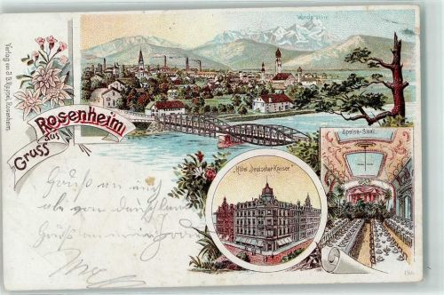 Rosenheim 1898 Hotel Deutscher Kaiser Speisesaal Wendelstein Innbrücke Lithographie