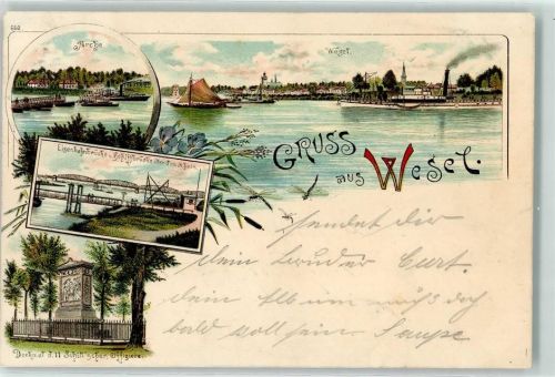 Wesel 1899 Denkmal d. 11 Schill'schen Offiziere Arche Eisenbahnbrücke Schiffsbrücke