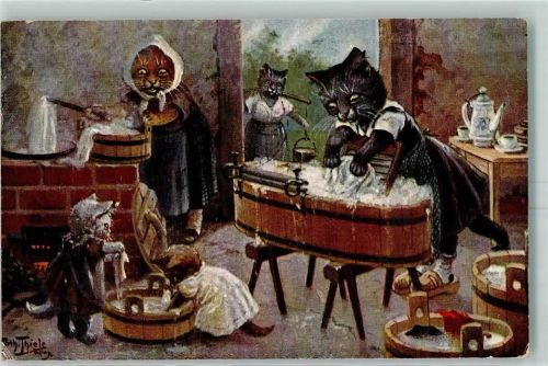 1922 Katze vermenschlicht Wäsche waschen Verlag TSN Serie 1602 Wie die Alten singen