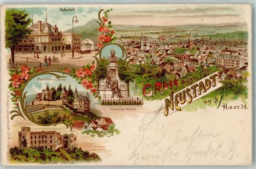 Neustadt 1899 Bahnhof Haardter Schloss Hetzeldenkmal Hambacher Schloss Lithographie