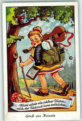Hameln Frau Wandern Gitarre Stock Rucksack Fliegenpilz