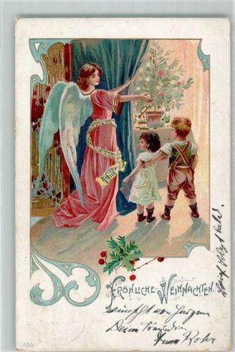 1908 Weihnachten Engel zeigt den Kinder den Tannenbaum AK