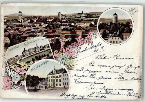 Auerbach 1897 Landwirschaftsschule Lehrer-Seminar Schloßturm Rathaus Lithographie