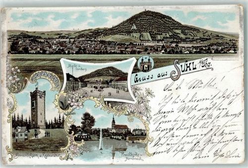 Suhl 1898 Kreuzkirche Herrenteich Marktplatz Domberg Bismarckturm Lithographie