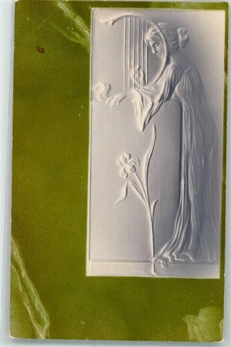 Reliefdruck Frau Harfe AK Jugendstil 1900 Prägedruck