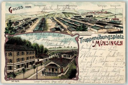 Münsingen 1904 Truppenübungsplatz Lager Eingang Stallbaracken Mannschaftsbaracken Badeanstalt Böttingen Soldaten Gruss Lithographie