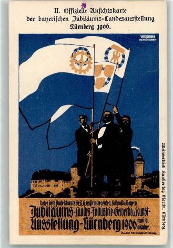 Nürnberg II. Offizielle Postkarte der bayerischen Jubilums-Landesausstellung 1906 Fahnen