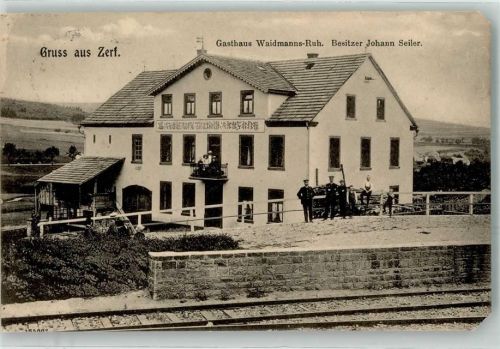 Zerf 1913 Gasthaus Waidmanns-Ruh Johann Seiler Bahnpost Trier - Türkismühle Ecken minimal ab