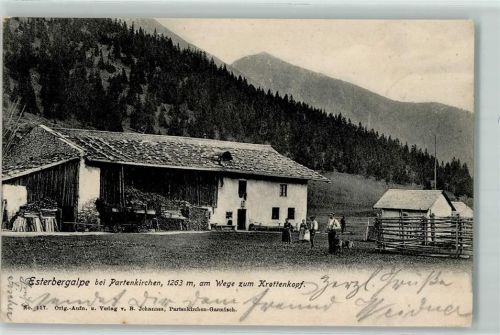 Partenkirchen 1914 Esterbergalpe Hund Mann Frau Wagen Holz Hüttenstempel