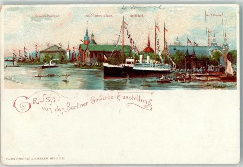Treptow 1896 Gewerbe-Ausstellung 1896 Nordd. Lloyd Geb. f. Chemie Geb. Fischerei und Sport Passagierdampfer