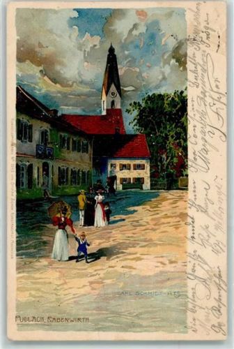 Pullach Rabenwirth Kirche Frau Schirm Kind sign. Carl Schmidt