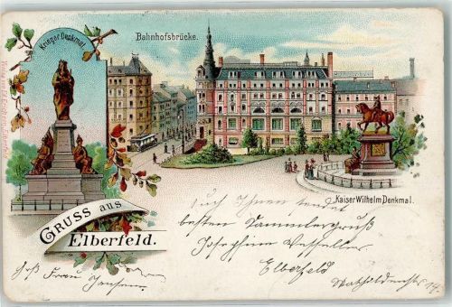 Elberfeld 1899 Krieger Denkmal Kaiser Wilhelm Denkmal Bahnhofsbrücke Straßenbahn