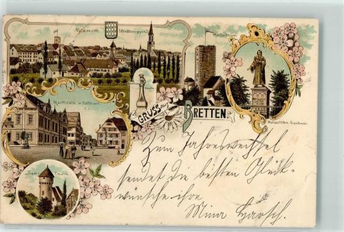 Bretten 1898 Pfeiferturm Melanchton Denkmal Marktplatz Rathaus Simelturm Lithographie