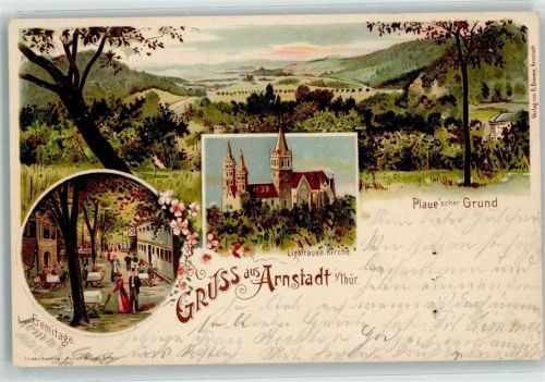 99310 O5210 Arnstadt 1899 Lithographie Liebfrauen-Kirche Eremitage Plaue'scher Grund