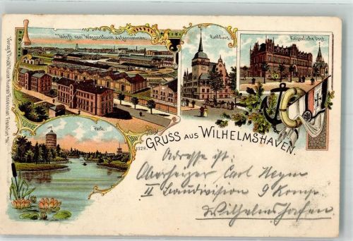 Wilhelmshaven 1914 Werft Rathaus Kaiserliche Post Postkutsche Park Seerosen Fahne Schwarz-Weiß-Rot