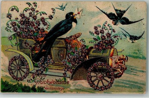 1908 Serie 7096 Namenstag, Blütenauto, Schwalben , AK