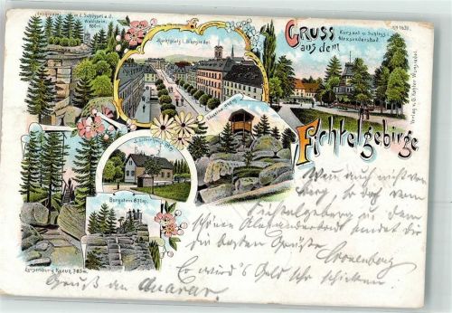 95632 W8592 Wunsiedel 1897 Gebrauchsspuren Fichtelgebirge Marktplatz Kursaal Schloss Alexandersbad Luisenburg Kreuz Burgstein Silberhaus Kösseina Lithographie