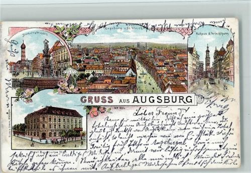 Augsburg 1897 Gruss aus - Lithographie - Hotel Bayr. Hof, Perlachturm