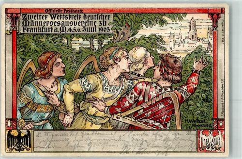 Frankfurt 1903 Zweiter Wettstreit deutscher Männergesangsvereine Minnesänger mit Harfen vor den Mauern der Stadt