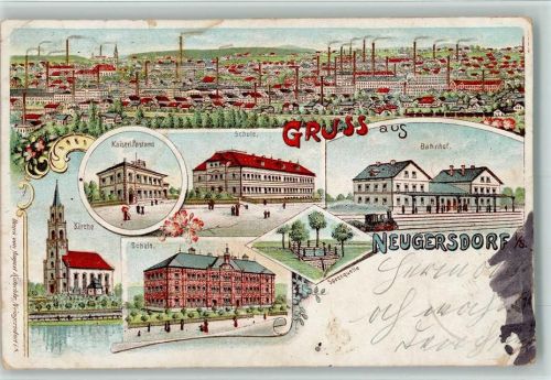 Neugersdorf Gruss aus - Litho, Bahnhof, Postamt, Schule , qualmende Schornsteine , Eckknick, Flecken