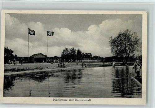 Ankershagen 1939 Mühlensee Badeanstalt, Hakenkreuzfahnen AK WK II