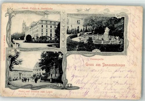 Donaueschingen 1901 Fürstl. Palais Stadtkirche Donauquelle Hotel Pension Zum Lamm