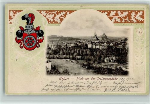 Erfurt 1902 Prägedruck Blick von der Grolmannshöhe Wappen Eichenlaub Lithographie