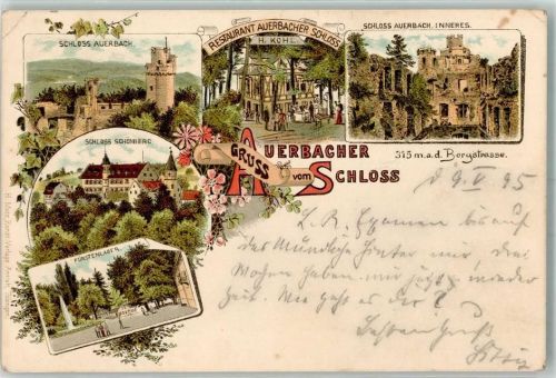 Auerbach 1895 Schloss Gasthaus H. Kohl Schloss Schönberg Fürstenlager Lithographie Vorläufer