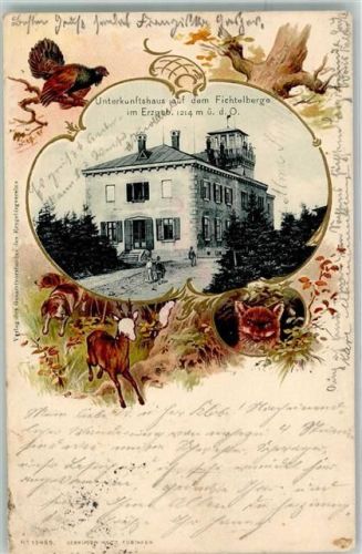 Fichtelberg 1904 Unterkunftshaus Auerhahn Luchs Reh Jagdhund Litho # beschädigt